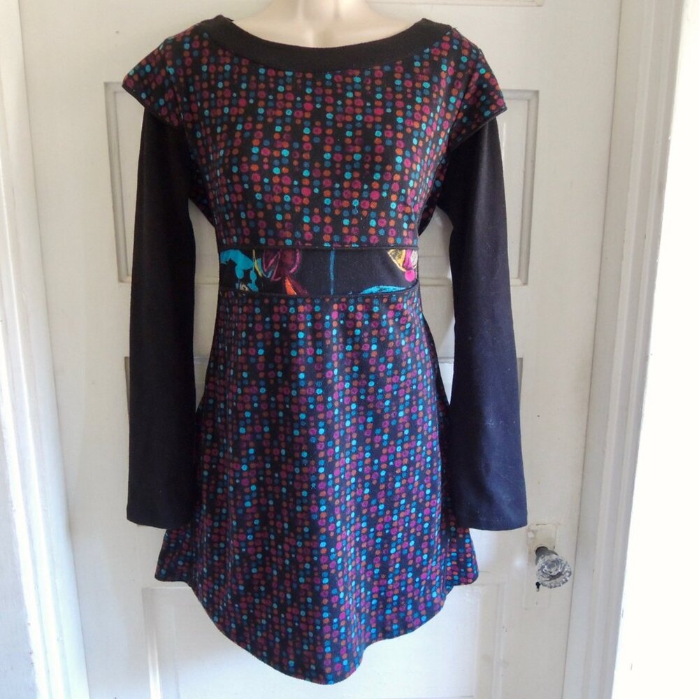 Surkana Cozy Black & Teal Multicolor Knit Mini Dress Tunic M